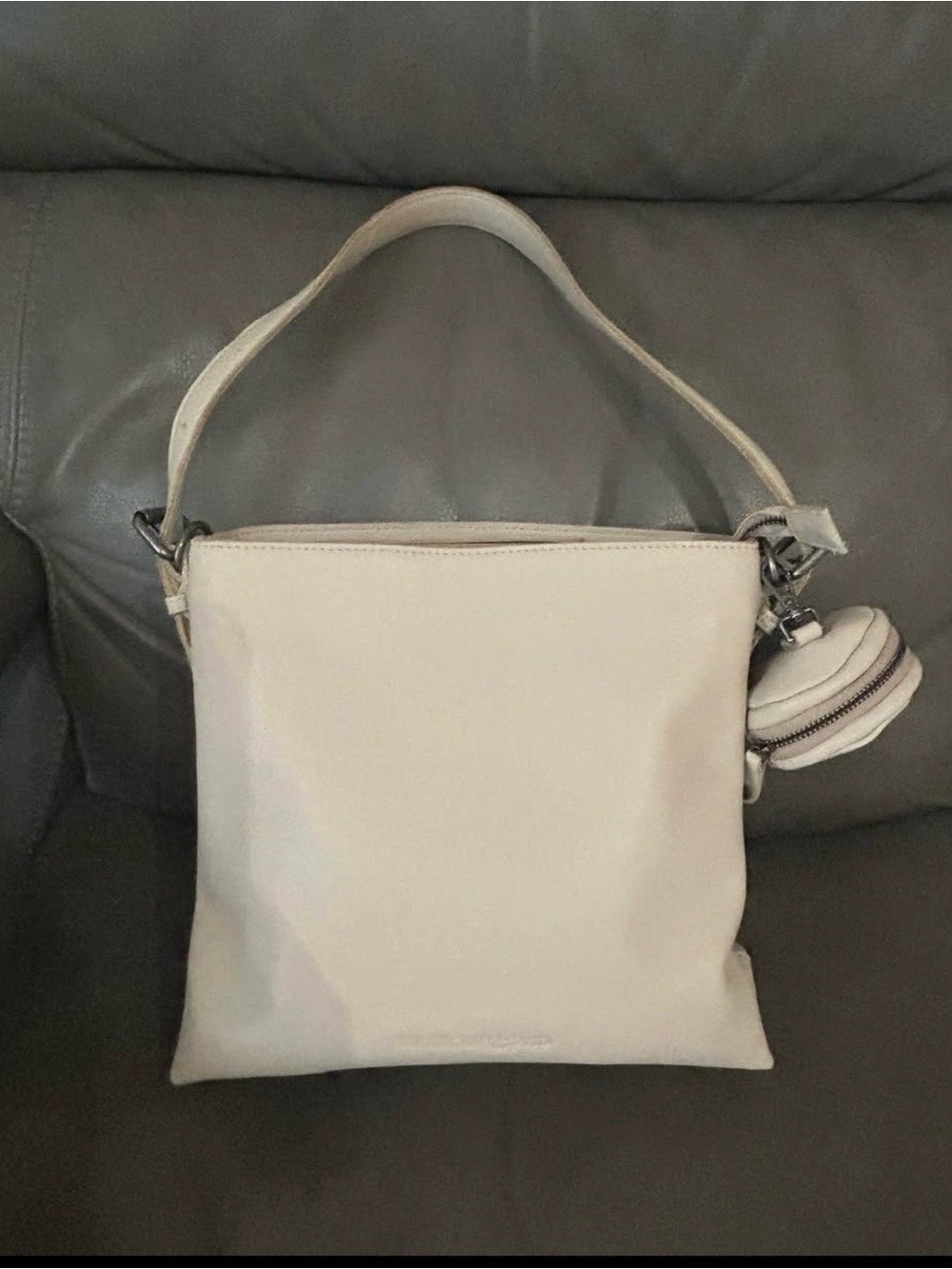 Cream Leather Hobo Shoulder Bag with Detachable Coin Pouch